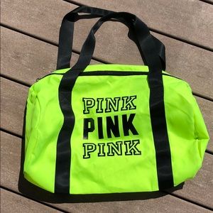 PINK VS neon yellow duffle bag